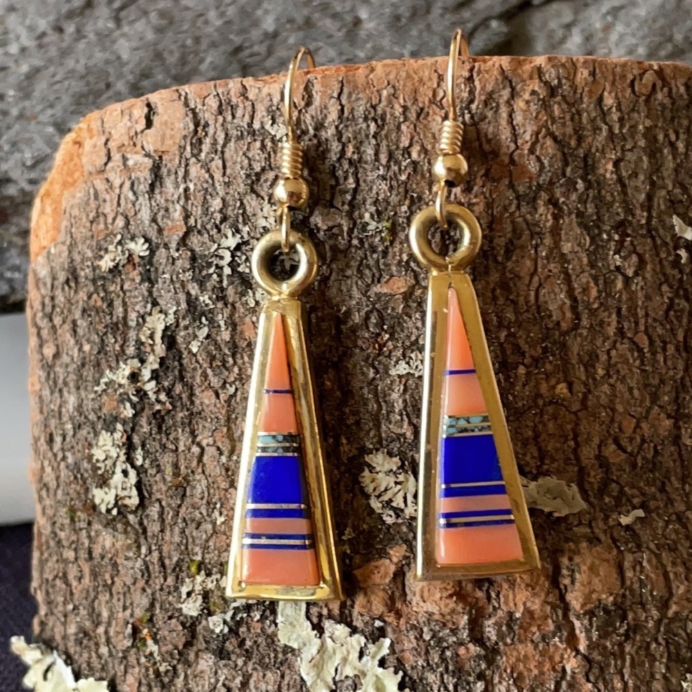 18K GOLD Zuni Native American Vintage Multi-stone Dangle Earrings - Picture 4 of 14